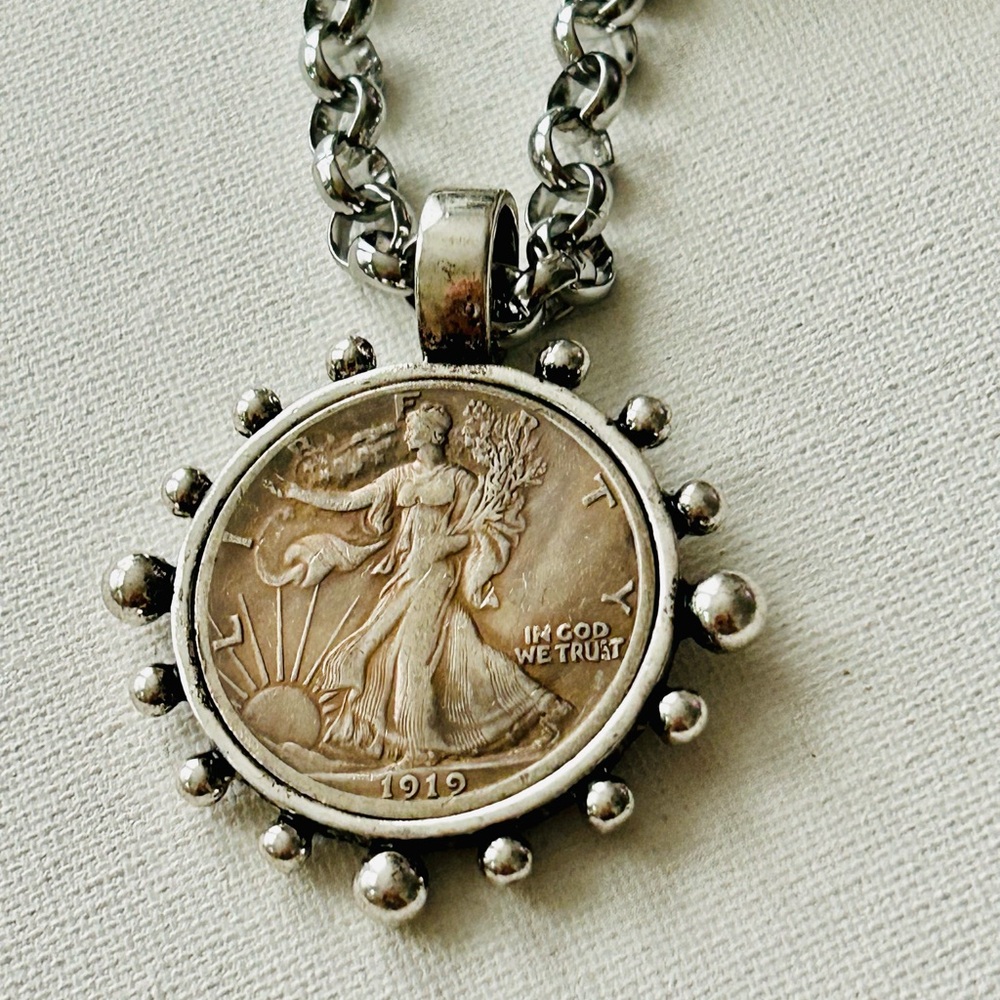Liberty Silver Tone Replica Coin Pendant Necklace - Picture 4 of 8
